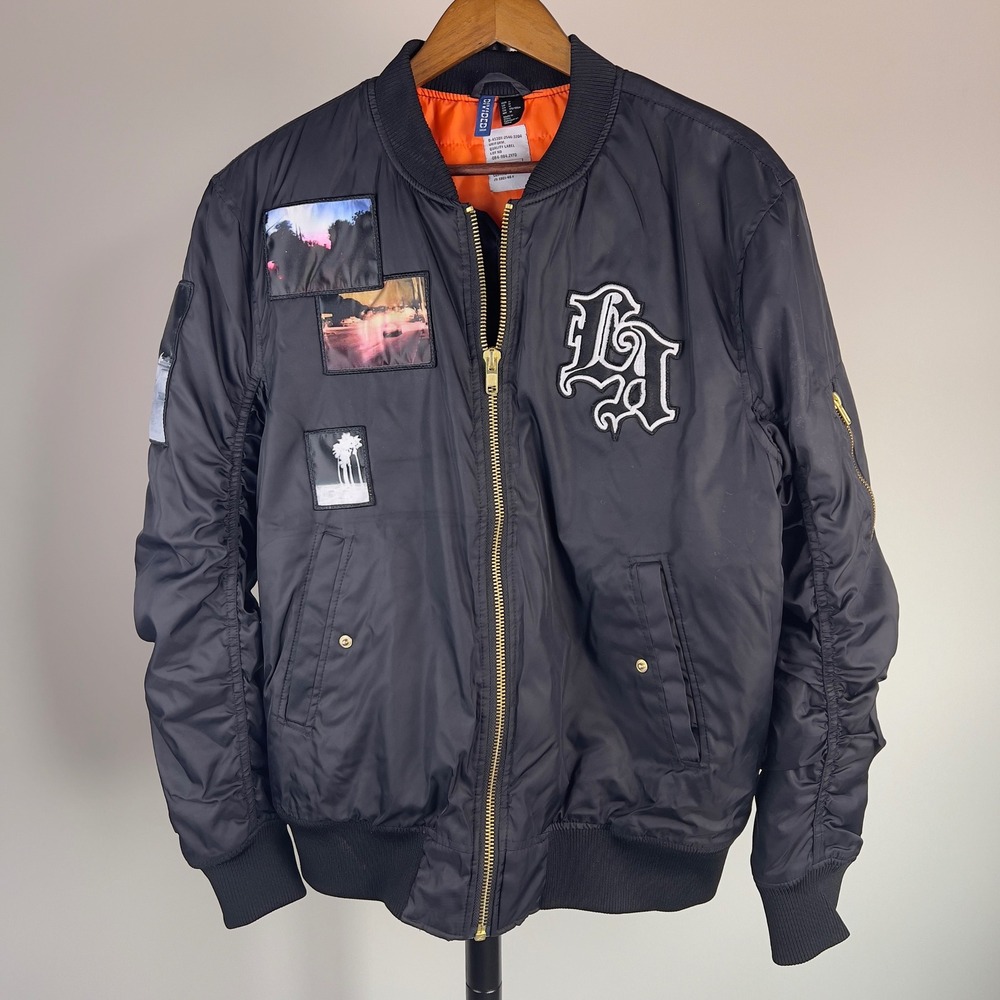 HM Divided Mens LA Patch Bomber Jacket Black Orange Lining Medium Streetwear MA1